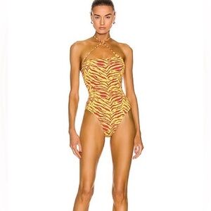THE ATTICO Crossover Halter Neck Zebra Print One-Piece Swimsuit